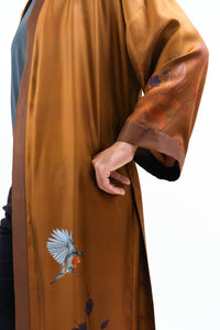 Rust silk robe with belt in 'Ember’ hand-painted design