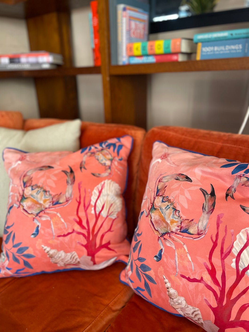 Coral watercolour art Cushion 'Pure shores' double sided design with starfish illustration, made from Vegan friendly Suede