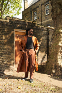 Rust silk robe with belt in 'Ember’ hand-painted design