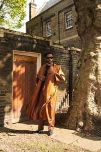 Rust silk robe with belt in 'Ember’ hand-painted design