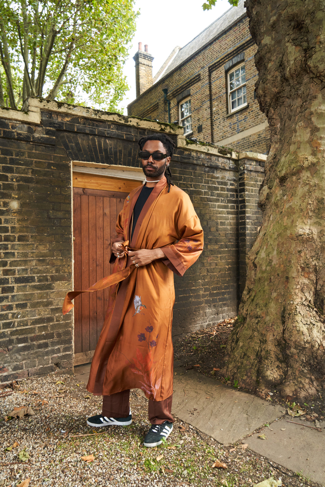 Rust silk robe with belt in 'Ember’ hand-painted design