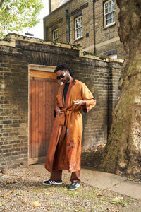 Rust silk robe with belt in 'Ember’ hand-painted design