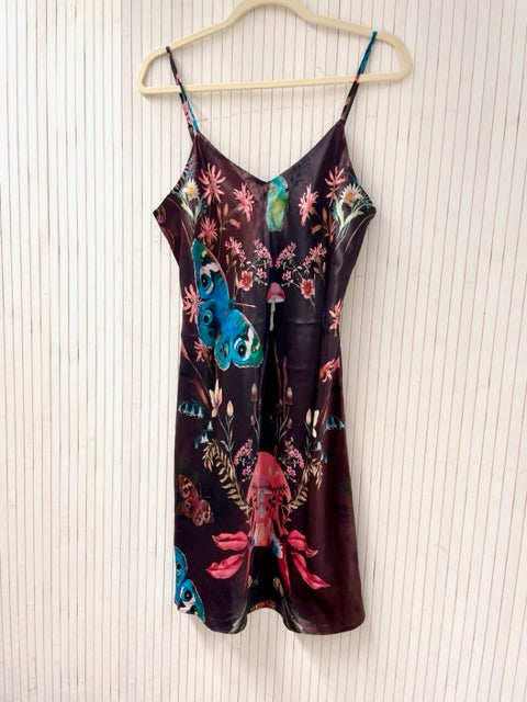 SAMPLE SALE: Butterfly 'Nectar' print silk slip dress in size small