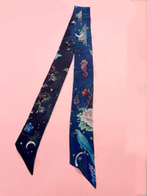 Load image into Gallery viewer, Navy &#39;Skinny&#39; Silk scarf in the botanical  &#39;Wonderous&#39; Print, delicate, lightweight scarf accessory