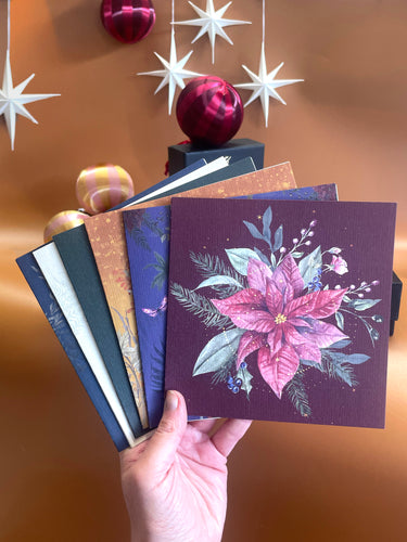 Festive Greetings cards, Pack of 6 with hand painted Christmas illustrations