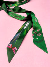 Load image into Gallery viewer, Green Silk satin &#39;Greenery&#39; floral slinky silk scarf with insects and gem stones