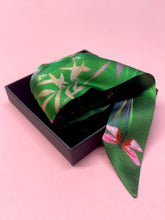 Load image into Gallery viewer, Green Silk satin &#39;Greenery&#39; floral slinky silk scarf with insects and gem stones