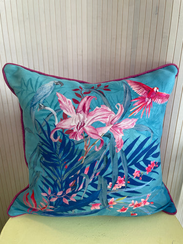 SAMPLE SALE: Turquoise 'Jungala' cushion with pink back