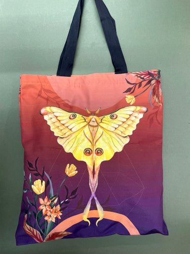 SAMPLE SALE: Brown and Yellow moth tote bag