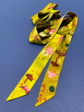 Load image into Gallery viewer, Ochre yellow Silk satin &#39;Helios&#39; Ultra Skinny silk scarf with mushrooms and sunflowers