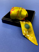 Load image into Gallery viewer, Ochre yellow Silk satin &#39;Helios&#39; Ultra Skinny silk scarf with mushrooms and sunflowers