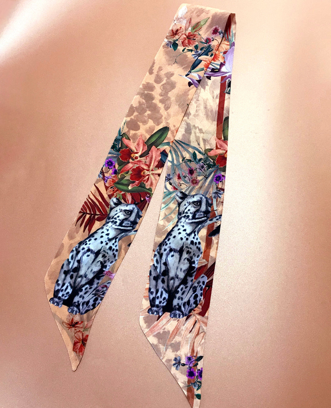 SAMPLE SALE: Peach botanical 'Panthera' skinny Silk scarf