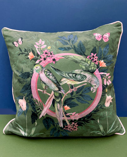 SAMPLE SALE: Khaki green parrot cushion