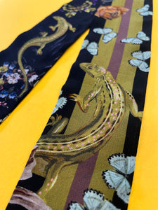 Dark Grey 'Skinny Silk' scarf in the botanical  'Cardiac' Print, delicate, lightweight Twilly style scarf accessory