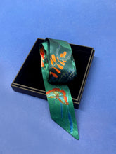 Load image into Gallery viewer, Teal Silk satin &#39;Morpho&#39; Ultra Skinny silk scarf with butterflies and flowers