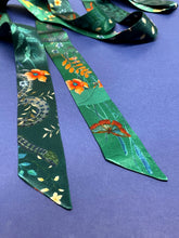 Load image into Gallery viewer, Teal Silk satin &#39;Morpho&#39; Ultra Skinny silk scarf with butterflies and flowers