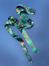 Load image into Gallery viewer, Teal Silk satin &#39;Morpho&#39; Ultra Skinny silk scarf with butterflies and flowers