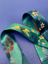 Load image into Gallery viewer, Teal Silk satin &#39;Morpho&#39; Ultra Skinny silk scarf with butterflies and flowers