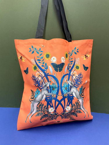 SAMPLE SALE: Coral tote bag with Whippets and butterflies