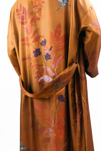 Rust silk robe with belt in 'Ember’ hand-painted design