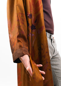 Rust silk robe with belt in 'Ember’ hand-painted design