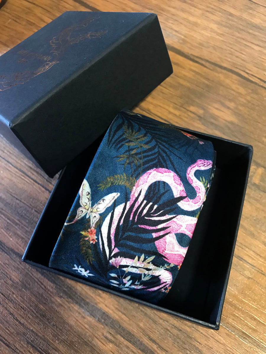 Navy Blue Silk Tie, 'Enticement' Pink Serpent design and tropical flow ...