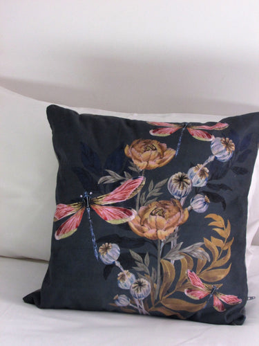 SAMPLE SALE: Indigo blue 'Dragonfly' Cushion with poppy seed heads