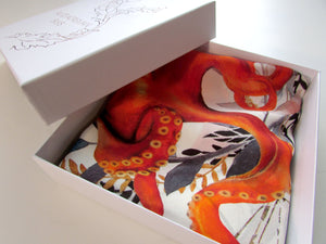 Orange Silk Scarf 'Oracle Silk' is Hand-painted, square Silk Scarf from the Evolution Collection by Alice Acreman silks